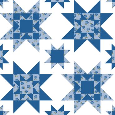 A dark blue, light blue and white cheater quilt design with quilt stars and little blue rosebuds.