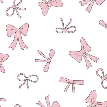 Multiple styles of light pink bows scattered on a white background for surface pattern design.