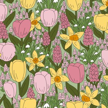A garden of spring flowers such as pink tulips, yellow daffodils, purple hyacinth and white snowdrop