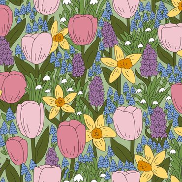 A garden of spring flowers such as pink tulips, yellow daffodils, purple hyacinth and white snowdrop