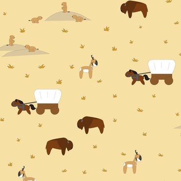 A golden grass prairie pattern with bison, pronghorn, prairie dogs and covered wagons.