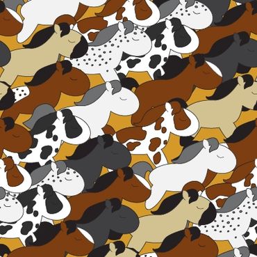 Colorful brown, white, black, gray and buckskin colored horses on a pumpkin orange color background