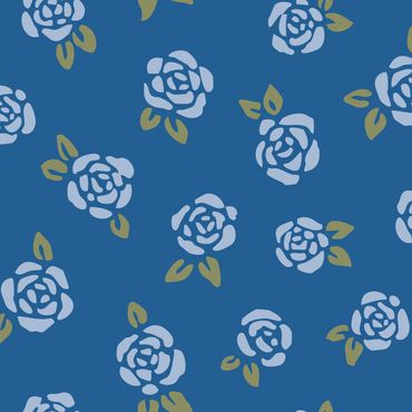 Vintage light blue rosebuds with sage green leaves loosely tossed on a dark blue background.