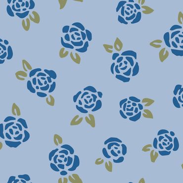Vintage dark blue rosebuds with sage green leaves loosely tossed on a light blue background.