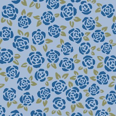 Vintage dark blue rosebuds with sage green leaves close together & tossed on a light blue background. Basic cottagecore fabric or textile patterns.