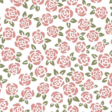 Vintage dusty pink rosebuds with sage green leaves close together and tossed on a white background.