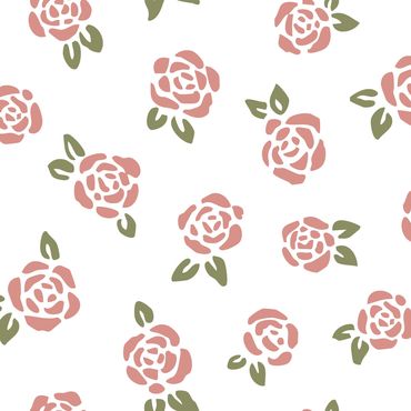 Vintage dusty pink rosebuds with sage green leaves loosely tossed on a white background. A basic cottagecore fabric or textile patterns.