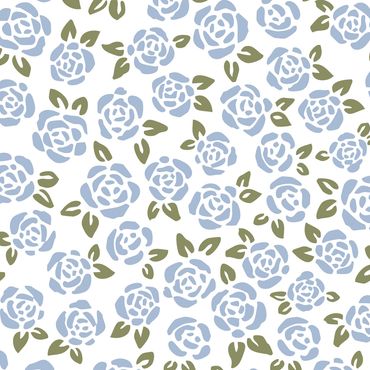 Vintage light blue rosebuds with green leaves close together & tossed on a white background