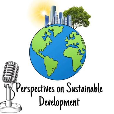 Podcast logo on sustainable development with Earth, city, tree, and microphone.