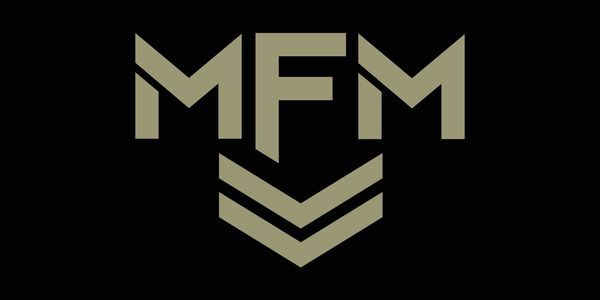 Logo with letters MFM and downward arrows.