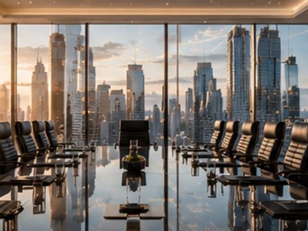 Modern boardroom with city skyline view at sunset.