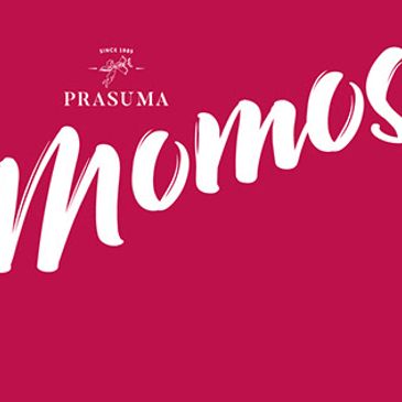 Logo with word 'Momos' and brand name 'Prasuma' on red background.