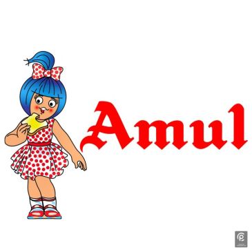 Amul girl mascot with a buttered bread in hand.