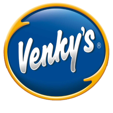 Logo of Venky's in blue and yellow colors.