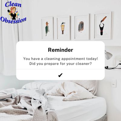 Reminder for a cleaning appointment with a cozy bedroom background and bird artworks.