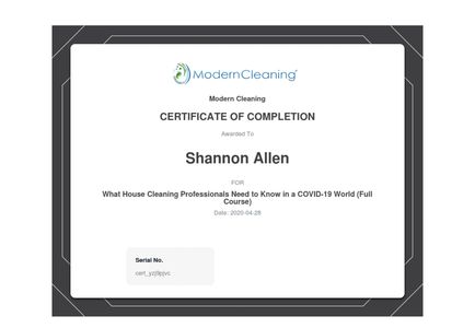 Modern Cleaning's Certificate focuses on the processes of cleaning during the pandemic.