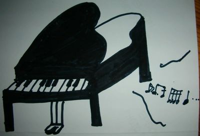 black and white picture of a grand piano done with a pen