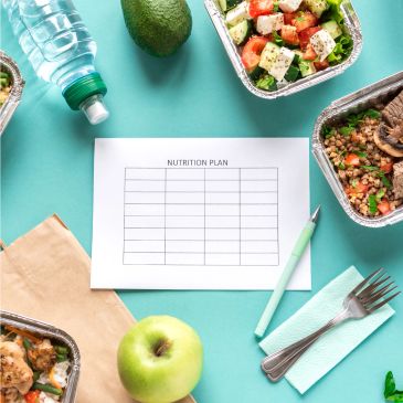 Nutrition plan with healthy meals, apple, water, and avocado on blue background.