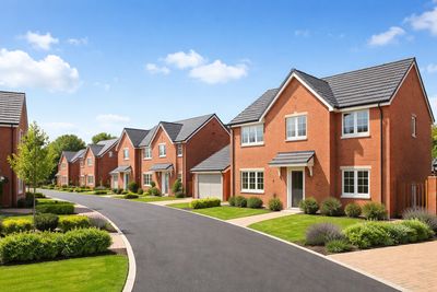Modern brick houses with manicured lawns on a sunny day.