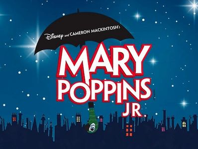 Mary Poppins Jr. logo with a night sky and city skyline.
