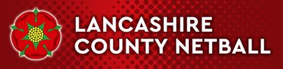 Lancashire County Netball logo with red rose and text on red background.