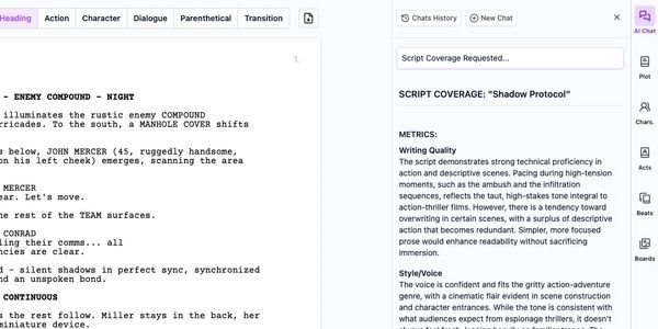 Screenshot of the Saga app Script page, with the AI Chat pane up and providing Script Coverage tips.