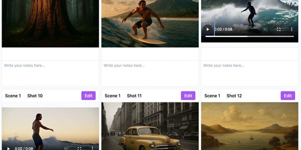 A screenshot of the Saga storyboard page, with images and video from scenes like a man surfing.