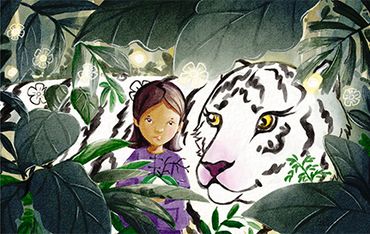 A little girl and her ancestor spirit, Ba Tiger, are looking into a grove of orchids.