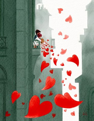 A boy and a girl, living in a city, sends paper hearts to everyone.