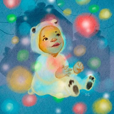 A baby enjoys the wonders of holiday lights.