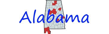 Map of Alabama highlighting specific counties in red.