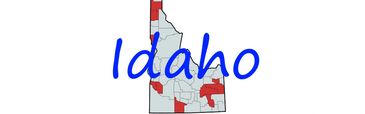 Map of Idaho highlighting some counties in red with blue text.