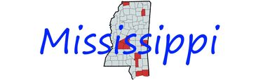 Map of Mississippi highlighting certain counties in red.