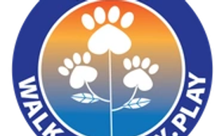 Logo with paw prints and text: WOOF! WALK. SIT. STAY. PLAY