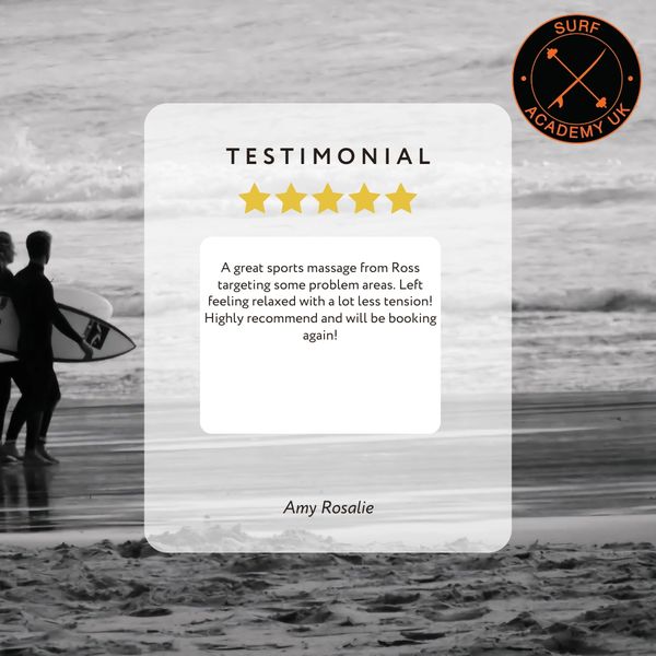 Testimonial praising Ross's sports massage for reducing tension and problem areas.