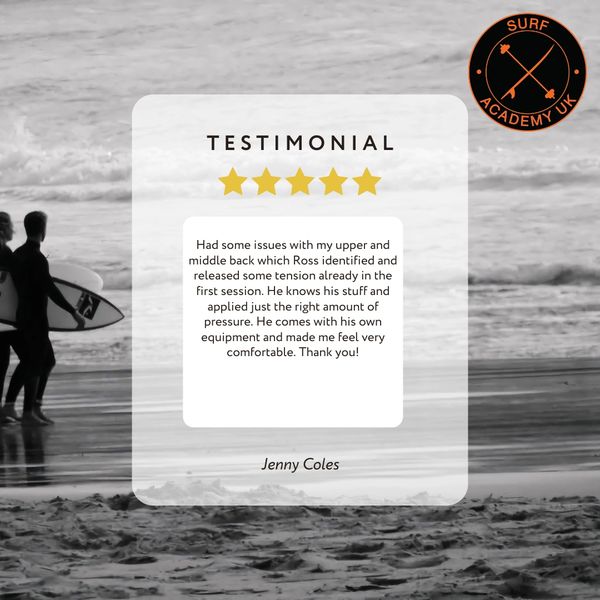 Surf Academy UK testimonial praising Ross's effective treatment and professionalism.