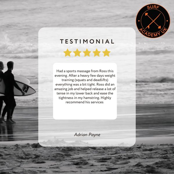 Testimonial praising Ross's sports massage for relieving muscle tightness after weight training.