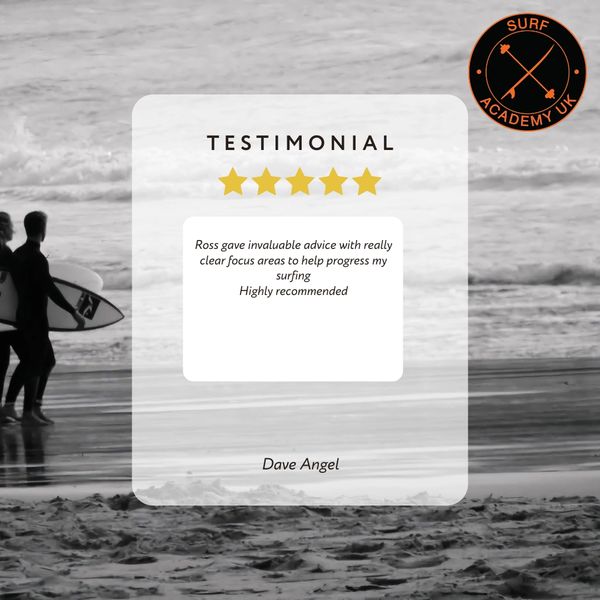 A five-star surfing testimonial from Dave Angel praising Ross's invaluable advice.