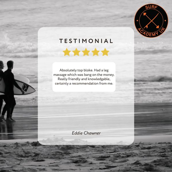 Five-star testimonial praising a leg massage and friendly service at Surf Academy UK.