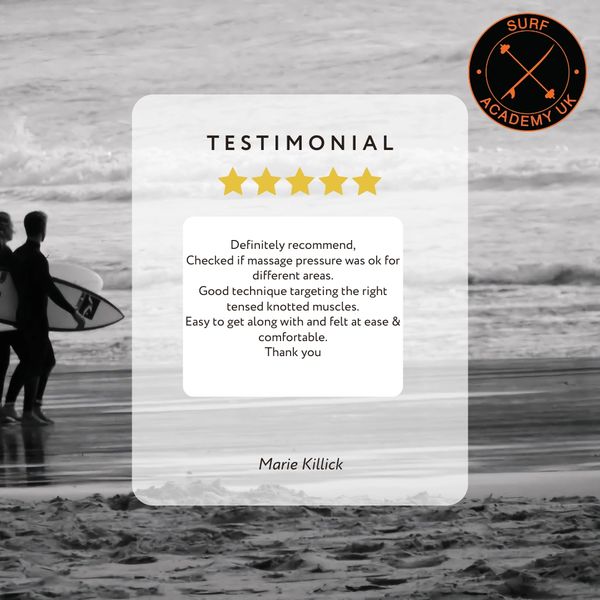 Five-star testimonial praising massage technique and comfort at Surf Academy UK.
