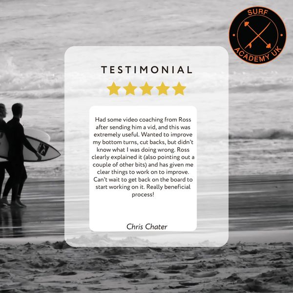 Surf coaching testimonial praising Ross for clear, helpful video coaching and improvement tips.
