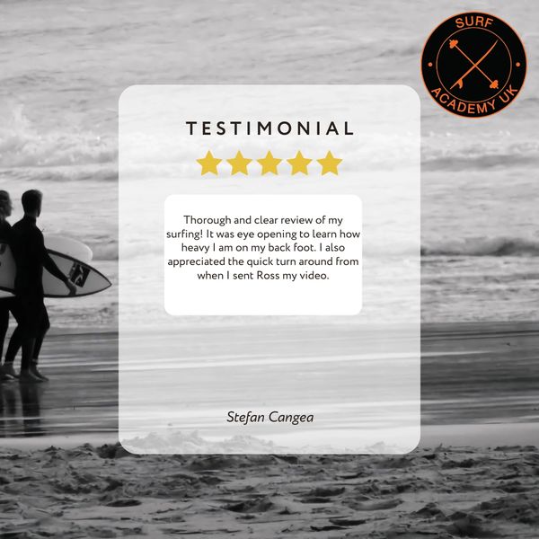 Surfing testimonial praising detailed review and quick video feedback.