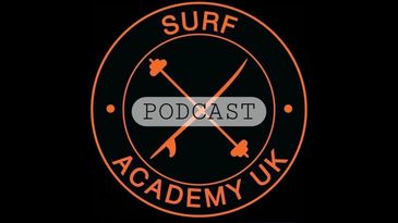 Orange Surf Academy UK logo with podcast text on black background.