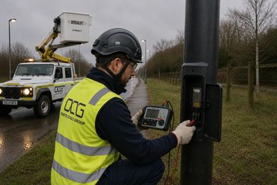 Utility worker inspects a streetlight with testing equipment on a cloudy day.