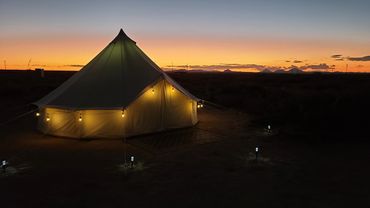Yurt at night.