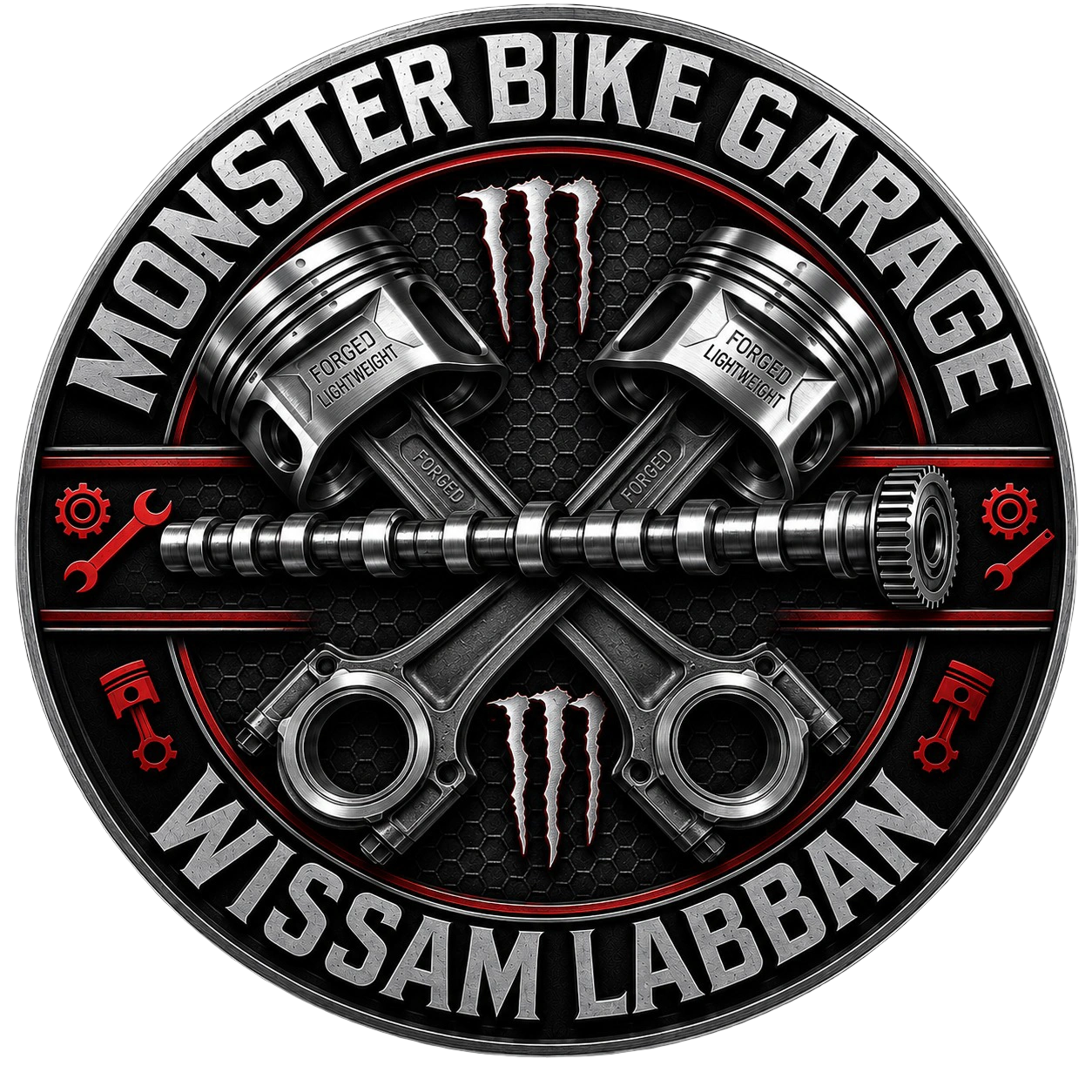 Metallic motorcycle pistons and camshaft logo for Monster Bike Garage by Wissam Labban.