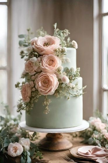 Elegant two-tier cake adorned with blush pink roses and delicate greenery.