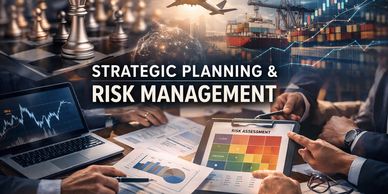 Concept of strategic planning and risk management with business charts and chess.