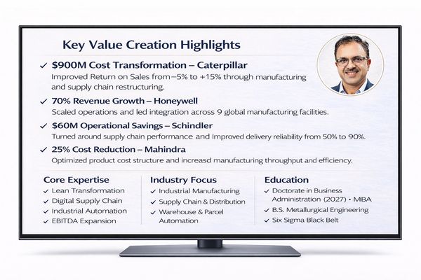 Summary of key value creation highlights and expertise of a professional.
