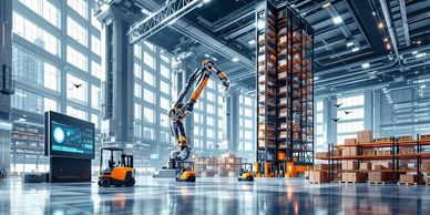 Automated warehouse with robots and forklifts.
